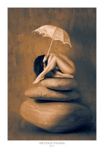Fine Art Nude Photographer Vienna - Abstract Nude of Woman Sat On Rock With Umbrella in Painterly Style